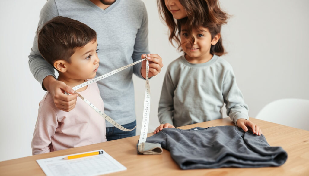 Lapsi seisoo suorana mittanauhan avulla mitattavana, vieressä taiteltuja pitkähihaisia lasten T-paitoja ja kokotaulukko paperilla.