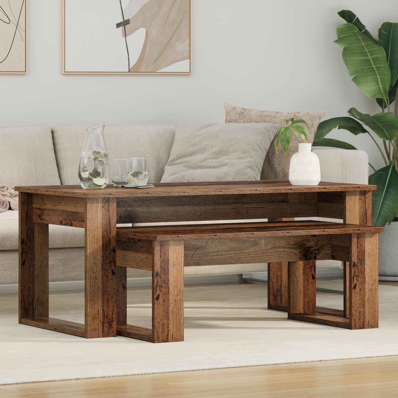 vidaXL Kahvipöytäsetti 2 kpl Vanha puu 100 x 50 x 42 cm Tekninen puu