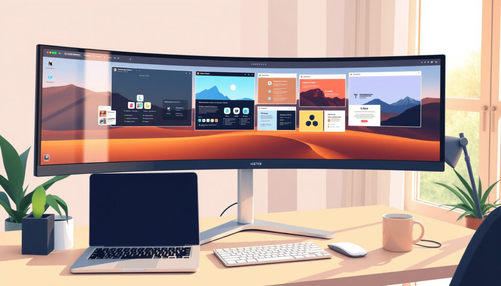 Työpöytä, jolla leveä kaareva ultrawide-näyttö jalustalla näyttää rinnakkain avattuja sovellusikkunoita, vieressä kannettava tietokone ja näppäimistö.